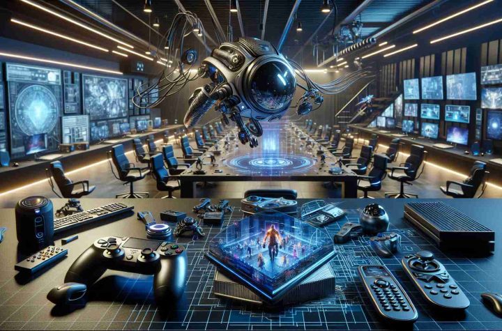 A highly detailed and realistic image showcasing a conceptual design of a cutting-edge gaming venture that could be projected by a leading tech company in the future. The image includes various game development technologies and systems such as advanced virtual reality headsets, motion sensory controllers, gaming consoles with futuristic designs, and high-definition game graphics that exhibit next-level realism and immersiveness. The setting is a tech-oriented, modern environment infused with aesthetic lighting and technology-inspired decor.