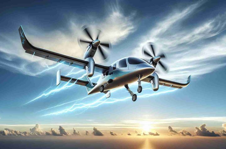 Generate a high-definition, realistic image illustrating a significant achievement in the field of electric aviation by a fictional company. The image should feature an advanced electric aircraft mid-flight with visible company logos. The background should be a clear, blue sky with some clouds. The aircraft should incorporate modern design elements signifying its electric nature, such as sleek lines, efficient propellers or motors, and perhaps a unique color scheme related to clean energy.