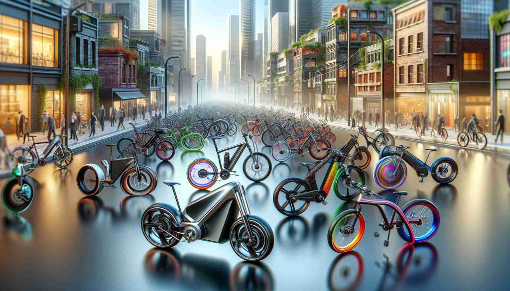 Generate a realistic high definition image of the future of electric bikes, showcasing a variety of stylish, innovative, and avant-garde designs. Show bikes both in rest and in motion, with a mix of densely urban and natural environments as the backdrop. Some bikes should feature sleek, aerodynamic forms, while others display more unconventional, experimental shapes. Vibrant colors, intricate patterns deco. All models should hint at an advanced technology integration, undeniable convenience, clean and sustainable design ethos.