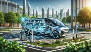 Detailed, realistic, high definition portrayal of the cutting-edge advancements in transportation technology, with a primary focus on future-oriented electric vans. The image should portray an electric van with sleek, aerodynamic design, electric charging stations and symbols, and technological interfaces inside the vehicle. The background should feature a cityscape with sustainable architecture, abundant greenery, and clear blue skies.