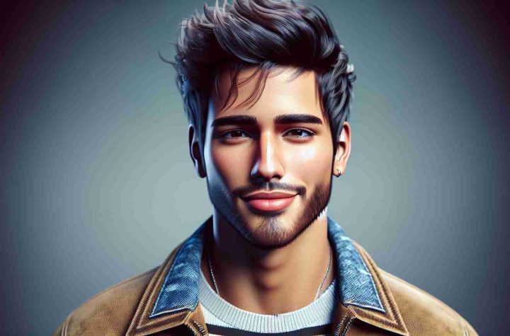 High-definition, realistic portrait of a male Latinx pop singer, who started his career on a reality television show and has since ascended to widespread musical fame. He sports a dashing, artistic look, with a charismatic smile and trendy, stylish clothing that embodies his musical genre.