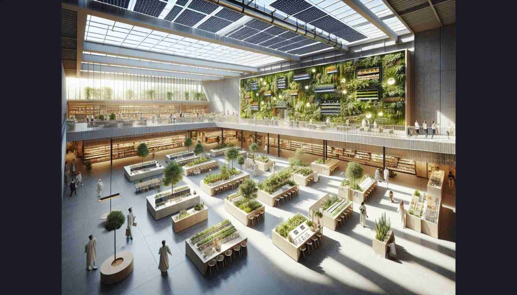 Create a detailed, high-definition image showing a revolutionary sustainable development feature in a new, modern store located in Madrid. The layout embodies cutting-edge eco-friendly principles, from energy-efficient lighting to recycled materials. There's an extensive green wall, with a variety of plants thriving in it, contributing to the store's indoor air quality and creating a soothing ambiance. The interior uses light-colored materials to reflect natural light effectively, reducing the need for artificial lighting. The exterior features solar panels incorporated into the store's design, capitalizing on Madrid's abundant sunshine.