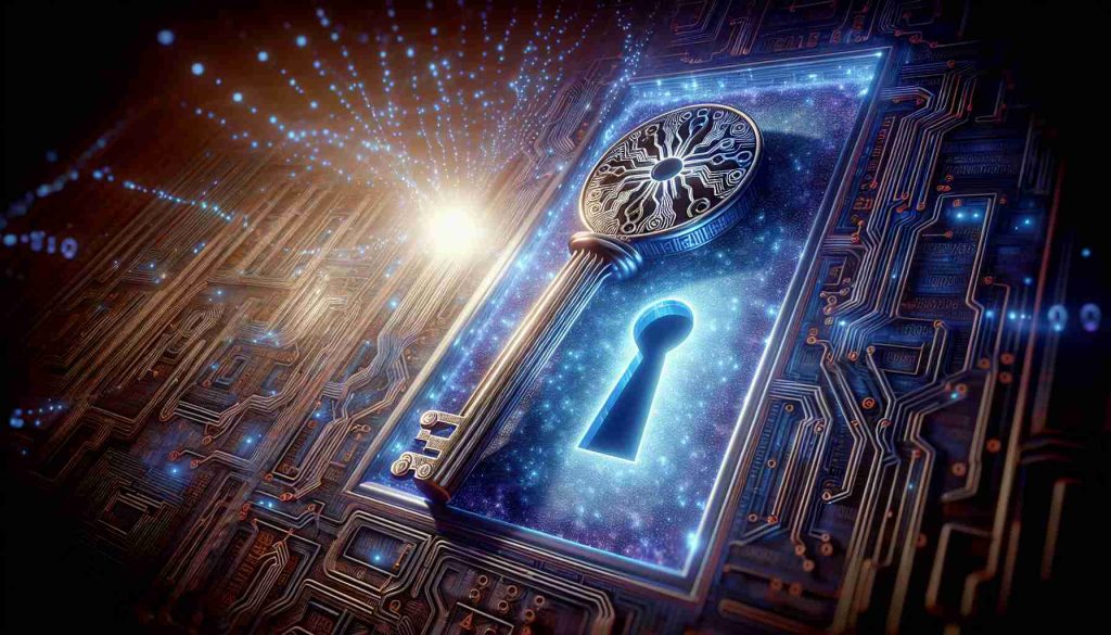 A highly detailed, realistic image of a symbolic representation of quantum computing's future being unlocked. Showcase a large key, embossed with a pattern of quantum circuits and lines that mimic the connections in a computer chip. This key is being inserted into a glowing keyhole, surrounded by bright particles that symbolically represent bits of quantum data. Behind the keyhole, a luminous space filled with binary codes and quantum symbols is faintly visible. The scene is filled with cool colors such as blues and purples to give it a high-tech, futuristic vibe.