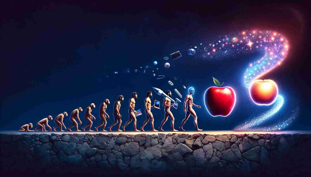 Create an image illustrating the evolution of technological rivalry between two major tech companies, represented symbolically. One company can be represented by a realistic red apple, while the other is symbolized by a shiny star cluster reminiscent of a galaxy. Span the evolution from early stages to modern times, showing primitive tech devices gradually transforming into latest ones. Note: Remember to avoid logos or direct references to specific companies.