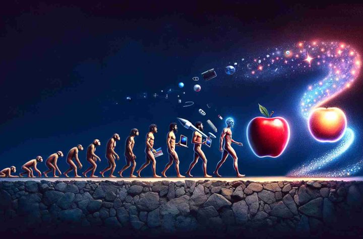 Create an image illustrating the evolution of technological rivalry between two major tech companies, represented symbolically. One company can be represented by a realistic red apple, while the other is symbolized by a shiny star cluster reminiscent of a galaxy. Span the evolution from early stages to modern times, showing primitive tech devices gradually transforming into latest ones. Note: Remember to avoid logos or direct references to specific companies.