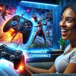 A high-definition realistic image depicting the enhanced gaming experience offered by a modern, fictional gaming console. The image should include the console itself, a futuristic controller with multiple buttons and analog sticks, and a screen showing vibrant graphics of a thrilling video game. Meanwhile, a delighted player should be seen sitting on a couch, immersed in the gaming world. They're a Black female in her mid-20s. These elements together represent the enhanced gaming experience.