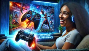 A high-definition realistic image depicting the enhanced gaming experience offered by a modern, fictional gaming console. The image should include the console itself, a futuristic controller with multiple buttons and analog sticks, and a screen showing vibrant graphics of a thrilling video game. Meanwhile, a delighted player should be seen sitting on a couch, immersed in the gaming world. They're a Black female in her mid-20s. These elements together represent the enhanced gaming experience.