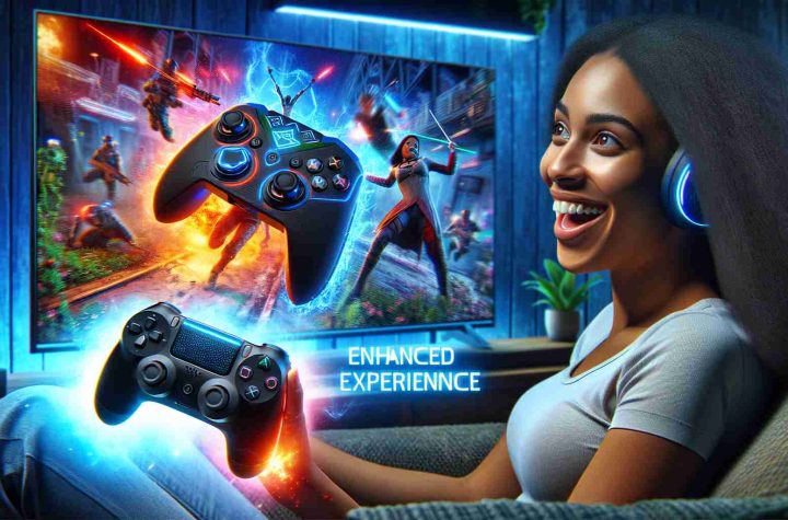 A high-definition realistic image depicting the enhanced gaming experience offered by a modern, fictional gaming console. The image should include the console itself, a futuristic controller with multiple buttons and analog sticks, and a screen showing vibrant graphics of a thrilling video game. Meanwhile, a delighted player should be seen sitting on a couch, immersed in the gaming world. They're a Black female in her mid-20s. These elements together represent the enhanced gaming experience.