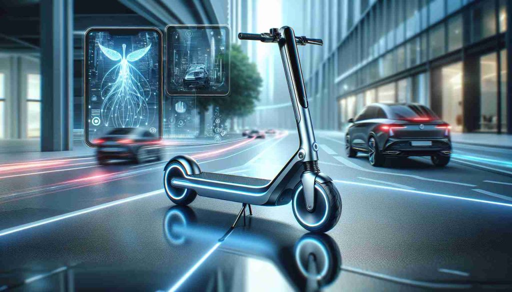 Create a detailed, high definition image of a futuristic-looking electric scooter, branded as 'EkoRide'. Use sleek, modern design elements like streamlined shapes, chrome details, and LED lighting effects. The environment around the scooter should imply an urban setting with technologically-advanced elements, such as smart traffic lights and autonomous vehicles.