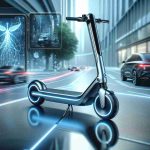 Create a detailed, high definition image of a futuristic-looking electric scooter, branded as 'EkoRide'. Use sleek, modern design elements like streamlined shapes, chrome details, and LED lighting effects. The environment around the scooter should imply an urban setting with technologically-advanced elements, such as smart traffic lights and autonomous vehicles.