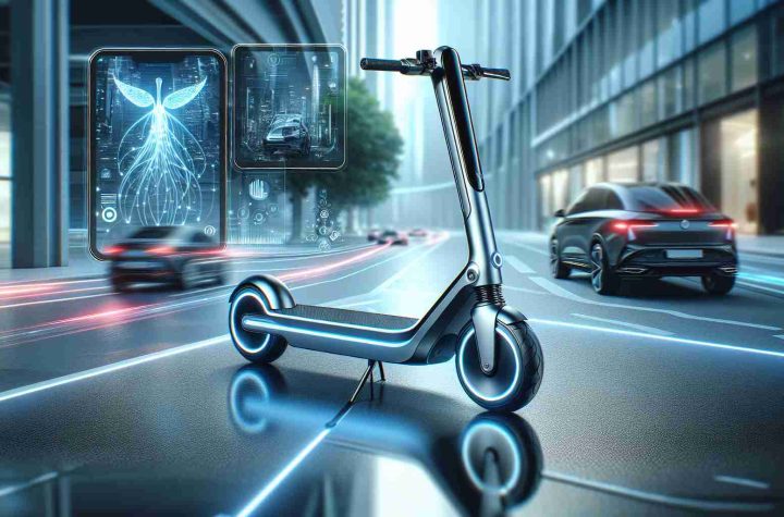 Create a detailed, high definition image of a futuristic-looking electric scooter, branded as 'EkoRide'. Use sleek, modern design elements like streamlined shapes, chrome details, and LED lighting effects. The environment around the scooter should imply an urban setting with technologically-advanced elements, such as smart traffic lights and autonomous vehicles.