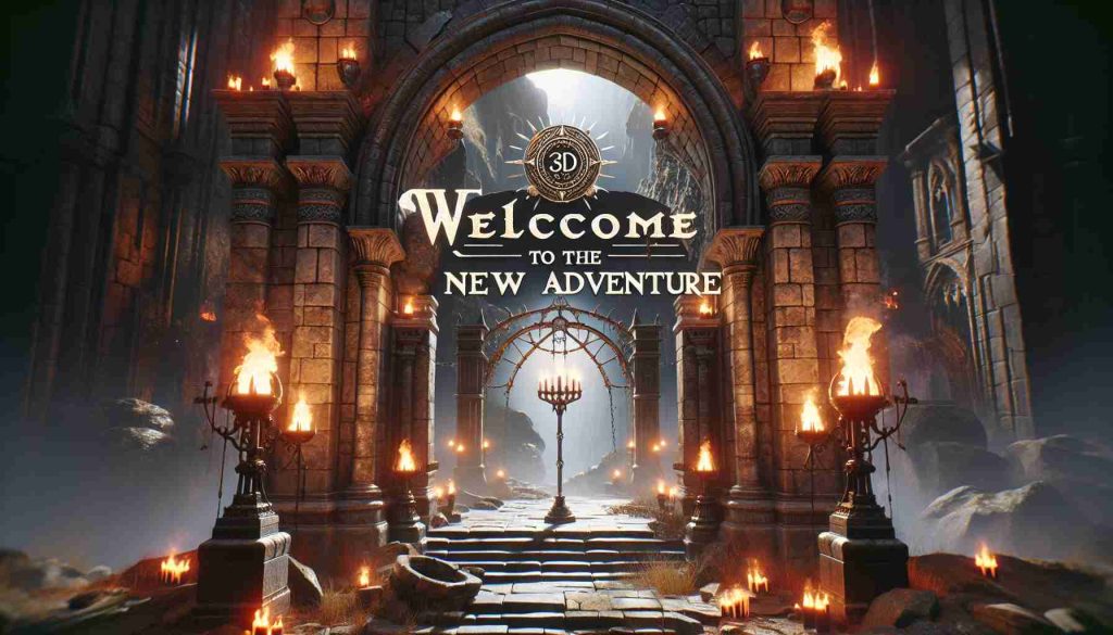 Generate a high definition and realistic image of a welcome entrance to a new adventure in a fantastical setting inspired by popular dark fantasy games, with detail such as ominous torch lights, ancient stone architecture and crumbling ruins. The text 'Welcome to the New Adventure' should be prominently displayed.