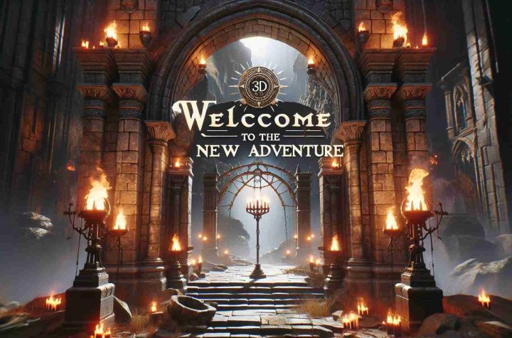 Generate a high definition and realistic image of a welcome entrance to a new adventure in a fantastical setting inspired by popular dark fantasy games, with detail such as ominous torch lights, ancient stone architecture and crumbling ruins. The text 'Welcome to the New Adventure' should be prominently displayed.