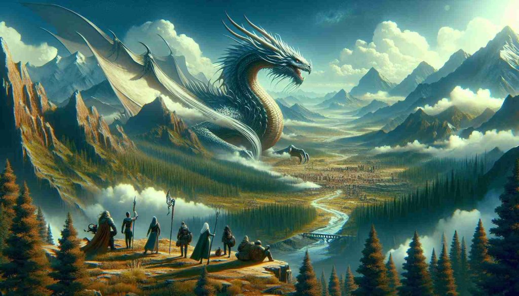 Produce a realistic high-definition illustration depicting a grand adventure called 'DRAGON ODYSSEY'. The journey should be breathtaking, manifested in the form of sweeping landscapes, towering mountains, unexplored forests, and possibly an ancient ruin or hidden chambers. In this adventure, there should be an immense, majestic dragon exuding an aura of mystery and wisdom. People, diverse in their backgrounds and equipped with gear and weapons, should be there, showing courage, unity, and determination. The overall impression of the image should evoke the thrill, challenge, and grandeur of an epic journey.