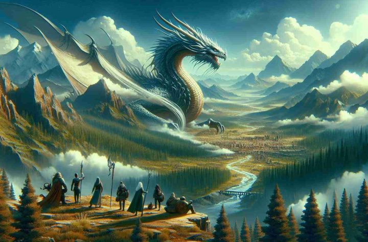 Produce a realistic high-definition illustration depicting a grand adventure called 'DRAGON ODYSSEY'. The journey should be breathtaking, manifested in the form of sweeping landscapes, towering mountains, unexplored forests, and possibly an ancient ruin or hidden chambers. In this adventure, there should be an immense, majestic dragon exuding an aura of mystery and wisdom. People, diverse in their backgrounds and equipped with gear and weapons, should be there, showing courage, unity, and determination. The overall impression of the image should evoke the thrill, challenge, and grandeur of an epic journey.