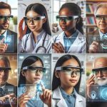 Realistic, high-definition image portraying the future of technology with the rise of smart glasses. Picture a diverse group of individuals using smart glasses in different settings like a corporate office, a science lab, and an outdoor park. Show different genders and races interacting with the technology, highlighting its widespread applications. An Asian female scientist using it for research, a black male businessman using it for a virtual meeting, a Middle Eastern female teenager using it for online learning and a white male elderly using it for health monitoring. Show the smart glasses as sleek, modern, and wearable with features like touch control, voice recognition, and holographic display.