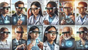 Realistic, high-definition image portraying the future of technology with the rise of smart glasses. Picture a diverse group of individuals using smart glasses in different settings like a corporate office, a science lab, and an outdoor park. Show different genders and races interacting with the technology, highlighting its widespread applications. An Asian female scientist using it for research, a black male businessman using it for a virtual meeting, a Middle Eastern female teenager using it for online learning and a white male elderly using it for health monitoring. Show the smart glasses as sleek, modern, and wearable with features like touch control, voice recognition, and holographic display.