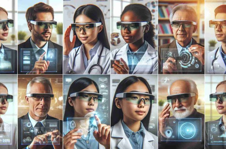 Realistic, high-definition image portraying the future of technology with the rise of smart glasses. Picture a diverse group of individuals using smart glasses in different settings like a corporate office, a science lab, and an outdoor park. Show different genders and races interacting with the technology, highlighting its widespread applications. An Asian female scientist using it for research, a black male businessman using it for a virtual meeting, a Middle Eastern female teenager using it for online learning and a white male elderly using it for health monitoring. Show the smart glasses as sleek, modern, and wearable with features like touch control, voice recognition, and holographic display.