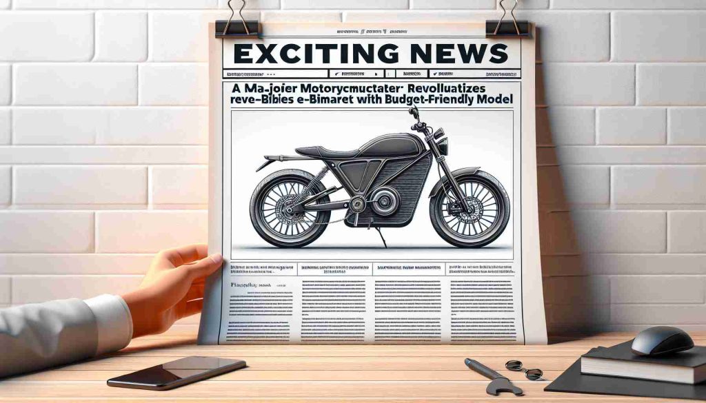 Create a realistic, high-definition image of a mock-up headline. The headline reads, 'Exciting News: A Major Motorcycle Manufacturer Revolutionizes the E-Bike Market with Budget-Friendly Model'. The background of the headline should be the front-page of a well-known news outlet. Pop-in an illustrative image of an electric bike that is sleek, modern, and affordable looking next to the headline. Please make sure to keep the brand details vague while maintaining the overall aesthetic of a motorcycle manufacturer’s product.