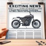 Create a realistic, high-definition image of a mock-up headline. The headline reads, 'Exciting News: A Major Motorcycle Manufacturer Revolutionizes the E-Bike Market with Budget-Friendly Model'. The background of the headline should be the front-page of a well-known news outlet. Pop-in an illustrative image of an electric bike that is sleek, modern, and affordable looking next to the headline. Please make sure to keep the brand details vague while maintaining the overall aesthetic of a motorcycle manufacturer’s product.