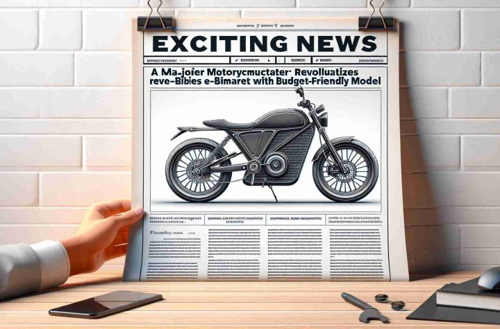 Create a realistic, high-definition image of a mock-up headline. The headline reads, 'Exciting News: A Major Motorcycle Manufacturer Revolutionizes the E-Bike Market with Budget-Friendly Model'. The background of the headline should be the front-page of a well-known news outlet. Pop-in an illustrative image of an electric bike that is sleek, modern, and affordable looking next to the headline. Please make sure to keep the brand details vague while maintaining the overall aesthetic of a motorcycle manufacturer’s product.