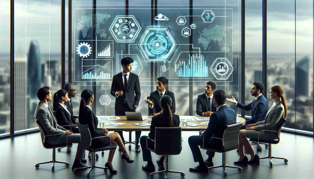 An accurate, high-definition image that captures a scene of individuals exploring investment opportunities in AI technology. This could include a group of diverse people, such as a South Asian woman and a Middle-Eastern man, sitting around a table discussing a series of graphs and charts. These visuals should depict various aspects of AI technology, reflecting potential areas of investment. Additionally, the atmosphere should look professional, with individuals dressed in business attire. The room setting can be a sophisticated office setting with large windows looking out onto a cityscape.