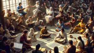 A high-definition realistic image entitled 'Exciting Updates' featuring fans engaged in various activities related to the saga of Wukong. The scene includes individuals of different descents, such as Caucasian, Hispanic, Black, Middle-Eastern, South Asian, and White. Some fans are studying scrolls, others are engrossed in heated discussions with peers, or sketching interpretations of Wukong’s tales, while a group is recreating scenes from the saga in elaborate costumes. The air is filled with excitement and anticipation for the new adventures their beloved character will embark upon.