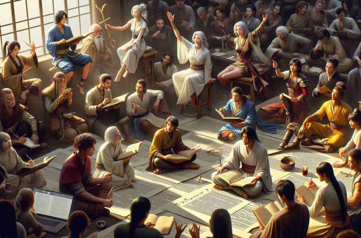 A high-definition realistic image entitled 'Exciting Updates' featuring fans engaged in various activities related to the saga of Wukong. The scene includes individuals of different descents, such as Caucasian, Hispanic, Black, Middle-Eastern, South Asian, and White. Some fans are studying scrolls, others are engrossed in heated discussions with peers, or sketching interpretations of Wukong’s tales, while a group is recreating scenes from the saga in elaborate costumes. The air is filled with excitement and anticipation for the new adventures their beloved character will embark upon.