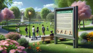 A high-definition, realistic photo of newly implemented regulations regarding the use of e-scooters by young people in a town called Springdale. The image could convincingly feature the local park in Springdale where many youths enjoy their e-scooters. A notice board is in the foreground detailing the regulations in clear, legible font. The spring season is evident with blooming flowers and lush greenery in the surroundings. A few young e-scooter users are in the vicinity, taking notice of the regulations.