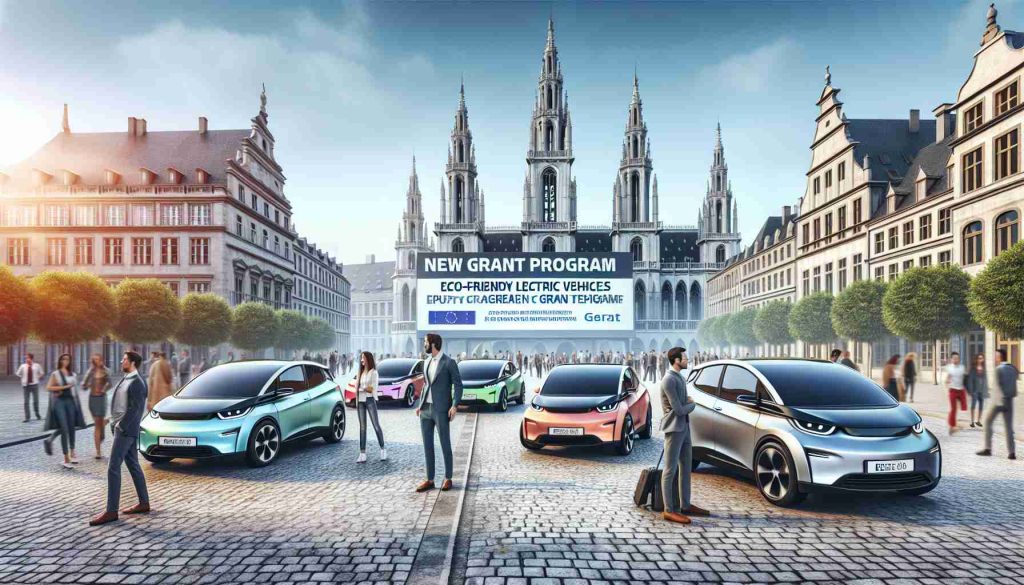 A high definition, realistic scene of an electrifying new grant program for electric vehicles taking place in the heart of Europe. In the foreground there are eco-friendly electric cars of various models and colors, with people of different genders and descents taking interest in them. Promotional banners detailing the benefits and aims of the grant program adorn the scene. In the background, iconic European architecture sets the stage, creating a symbolic fusion of history and future.