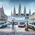 A high definition, realistic scene of an electrifying new grant program for electric vehicles taking place in the heart of Europe. In the foreground there are eco-friendly electric cars of various models and colors, with people of different genders and descents taking interest in them. Promotional banners detailing the benefits and aims of the grant program adorn the scene. In the background, iconic European architecture sets the stage, creating a symbolic fusion of history and future.