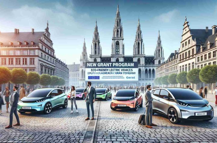 A high definition, realistic scene of an electrifying new grant program for electric vehicles taking place in the heart of Europe. In the foreground there are eco-friendly electric cars of various models and colors, with people of different genders and descents taking interest in them. Promotional banners detailing the benefits and aims of the grant program adorn the scene. In the background, iconic European architecture sets the stage, creating a symbolic fusion of history and future.