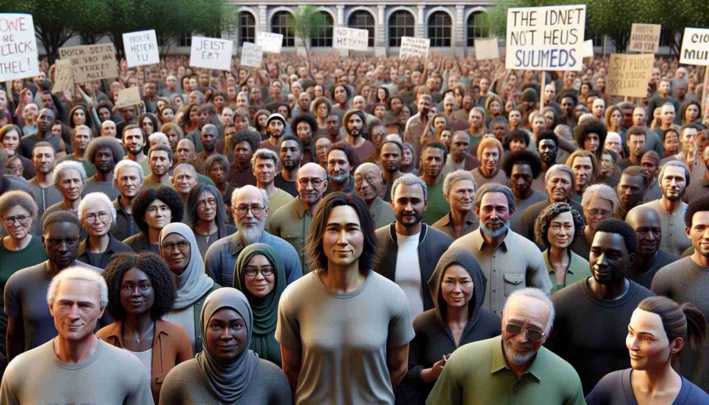 A realistic high-definition depiction of a diverse community coming together in support of an artist after a theft. Illustrate people of different descents such as Caucasian, Hispanic, Black, Middle-Eastern, South Asian in the crowd, showing solidarity. Central to the image is the artist, a middle-aged Asian woman, looking humbled and grateful. Surroundings suggest a peaceful rally in an urban park, with signs and banners expressing support for the artist.