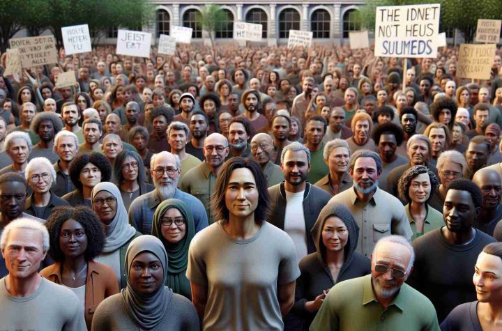 A realistic high-definition depiction of a diverse community coming together in support of an artist after a theft. Illustrate people of different descents such as Caucasian, Hispanic, Black, Middle-Eastern, South Asian in the crowd, showing solidarity. Central to the image is the artist, a middle-aged Asian woman, looking humbled and grateful. Surroundings suggest a peaceful rally in an urban park, with signs and banners expressing support for the artist.