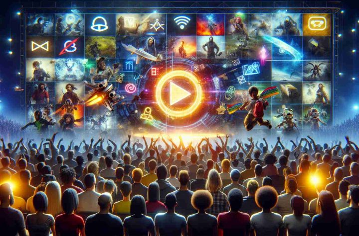 A visually rich, HD image representing thrilling releases and announcements in the gaming industry. It portrays a crowd of diverse gamers from various descents such as Caucasian, Hispanic, Black, Middle-Eastern, South Asian, engaged in watching a gigantic screen displaying snippets of forthcoming games. To illustrate the excitement, the expressions should be full of anticipation and joy. In the background, symbols and logos for generic, unbranded video games are floating. Around the screen banners, lights flaring up to create a dynamic, electrifying atmosphere. Keeping colour palette vibrant to reflect the energy and diversity of the gaming community.