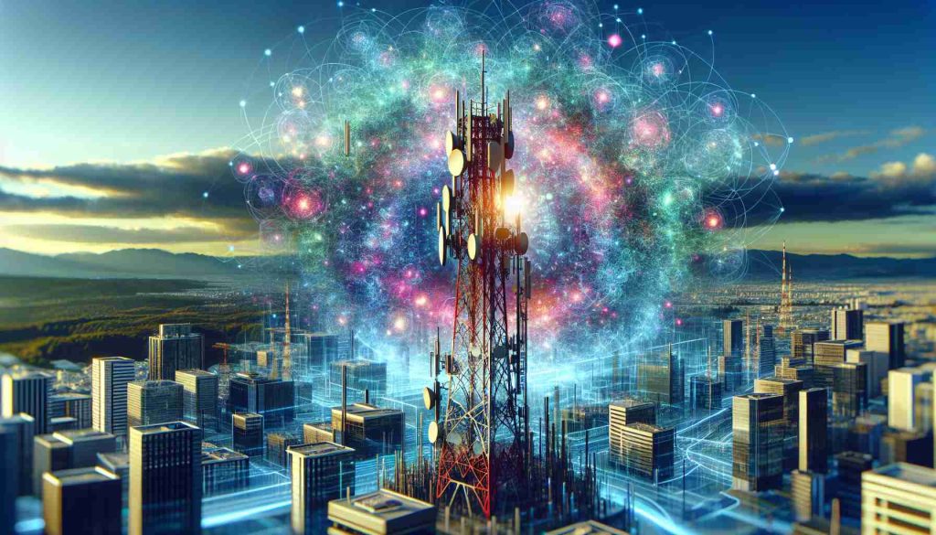 Generate a high-definition, realistic image that symbolizes the revolution of the future: integration of quantum technologies in the field of telecommunication. Picture dense clusters of abstract quantum computations as colourful holograms, overlaid on sleek and futuristic telecommunication towers under a clear blue sky.