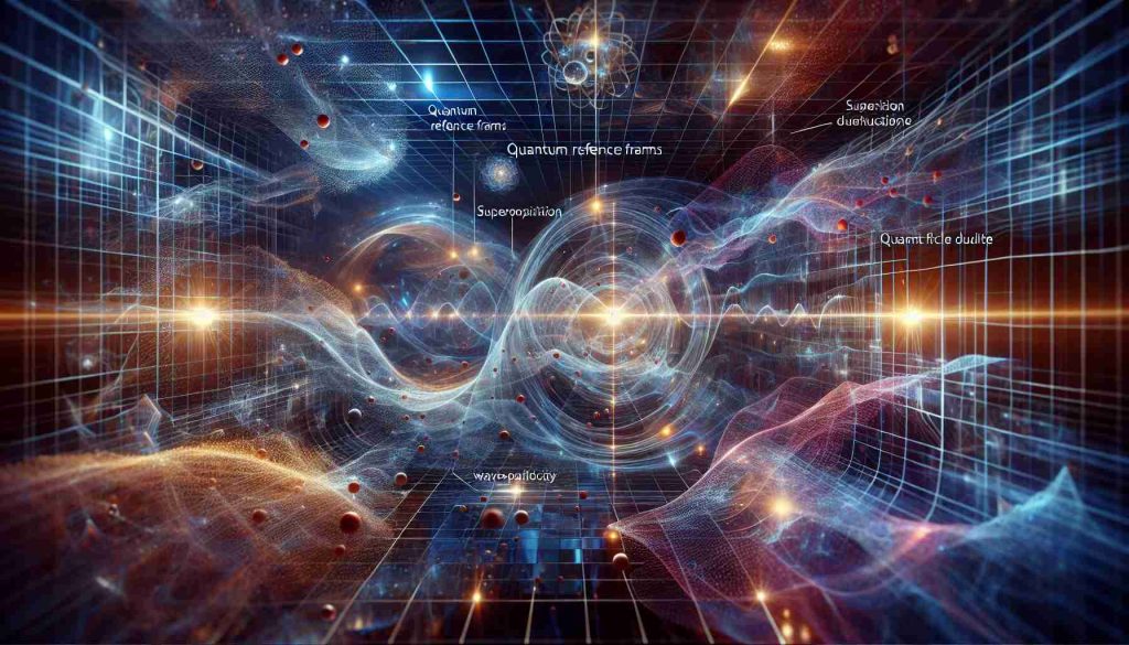 Generate a high-definition, highly detailed, realistic image to represent quantum realms conceptually. The image should capture the essence of quantum reference frames and the reality these frames redefine. The image could include elements like visual representations of subatomic particles, superposition, quantum fields, wave-particle duality, revealing the intricate and mysterious nature of the quantum world.