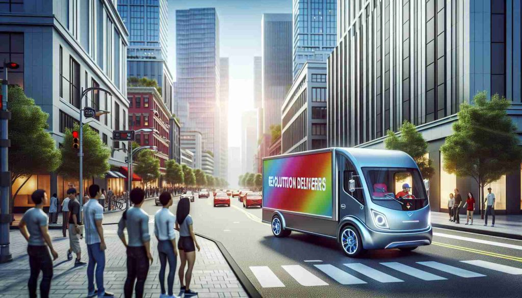 A high-definition, realistic representation of a city scene focused on the revolution of urban deliveries. The main highlight is an electric delivery truck, shiny and new, painted in vibrant colors to represent its eco-friendliness. It is driving on a bustling street with modern buildings on both sides. Pedestrians, some Asian, others Black, and others Hispanic, are sidewalk users watching the truck go by. The sky overhead is clear with a hint of pollution getting cleared, symbolizing the positive environmental impact of electric vehicles. The scene creates an atmosphere of urban modernity and sustainability.