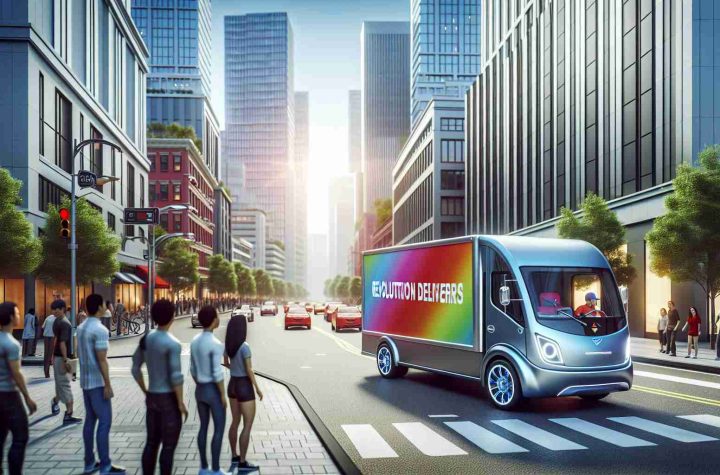 A high-definition, realistic representation of a city scene focused on the revolution of urban deliveries. The main highlight is an electric delivery truck, shiny and new, painted in vibrant colors to represent its eco-friendliness. It is driving on a bustling street with modern buildings on both sides. Pedestrians, some Asian, others Black, and others Hispanic, are sidewalk users watching the truck go by. The sky overhead is clear with a hint of pollution getting cleared, symbolizing the positive environmental impact of electric vehicles. The scene creates an atmosphere of urban modernity and sustainability.