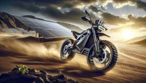 A high-definition photograph showcasing the exploration of opportunities in the field of electric off-road motorcycles. The image includes a cutting-edge design of an electric off-road bike with advanced features such as an innovative power system, rugged tires for off-road endurance, and ergonomic design. The environment could be a rugged landscape, indicating the motorcycle's capabilities. Additionally, windswept dust indicates speed, while solar panels in the background hint at a sustainable energy source for charging the motorcycle, thus symbolizing the potential of this technology.