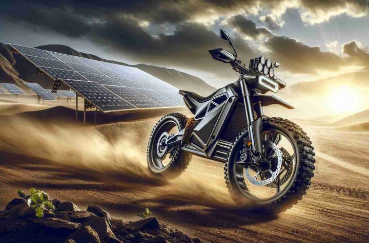 A high-definition photograph showcasing the exploration of opportunities in the field of electric off-road motorcycles. The image includes a cutting-edge design of an electric off-road bike with advanced features such as an innovative power system, rugged tires for off-road endurance, and ergonomic design. The environment could be a rugged landscape, indicating the motorcycle's capabilities. Additionally, windswept dust indicates speed, while solar panels in the background hint at a sustainable energy source for charging the motorcycle, thus symbolizing the potential of this technology.