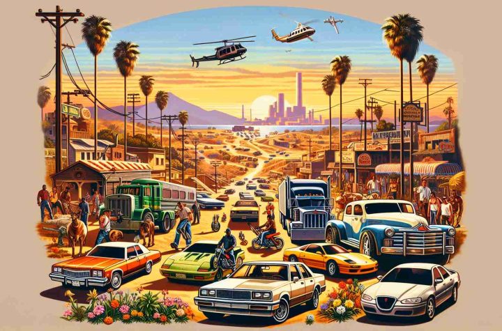 A high-definition, realistic image of a classic edition of a car-based action-adventure video game trilogy. Illustrate an open-world environment filled with various vehicles, action sequences, and diverse landscapes similar to the concept of the Grand Theft Auto series.