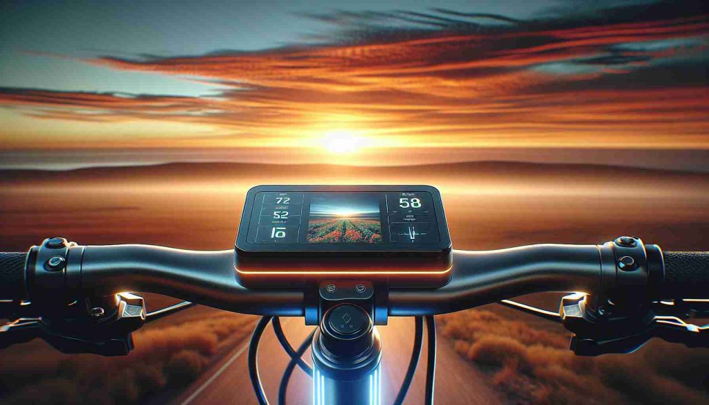 A highly detailed, realistic image of a modern e-bike display set against the backdrop of a horizon. The display is slick and compact, equipped with advanced technology, with indicators for battery level, speed, and cycling mode visible on a clear, illuminated screen. The horizon in the background is a breathtaking amalgam of brilliant orange hues, with the setting sun casting a warm, ethereal glow across the open landscape.