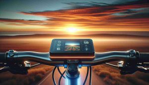 A highly detailed, realistic image of a modern e-bike display set against the backdrop of a horizon. The display is slick and compact, equipped with advanced technology, with indicators for battery level, speed, and cycling mode visible on a clear, illuminated screen. The horizon in the background is a breathtaking amalgam of brilliant orange hues, with the setting sun casting a warm, ethereal glow across the open landscape.