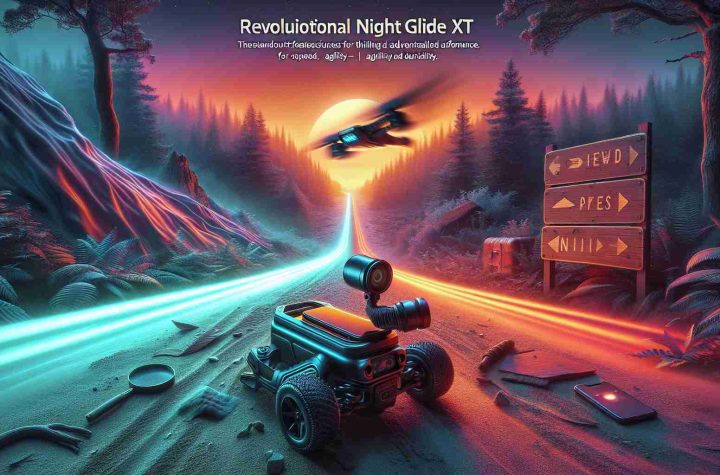 A high definition, realistic image of the review of Revolutionary NightGlide XT, focusing on its standout features for thrilling adventure and unparalleled performance. The scene may include the device itself, prominently placed, along with visual representations of its specifications or attributes like speed, agility, and durability. Ensure the ambiance of the setting subtly hints at the adventure context - perhaps a trail in a forest or a rugged mountainous terrain. Remember to make the image appealing with contrasting lighting, perhaps indicative of the 'night glide' aspect.