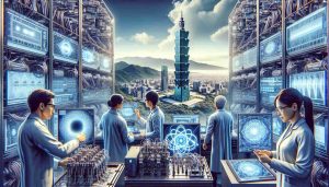 Generate a high-definition, realistic image capturing the essence of 'Empowering Quantum Futures' in Taiwan. Show a scene including state-of-the-art high tech equipment in a futuristic laboratory, with scientists of various gender and descents, like Hispanic and Middle-Eastern, interacting with complex quantum computing interfaces. The background should feature the distinctive Taiwanese landscape, epitomized by the towering Taipei 101 building and lush green hills.