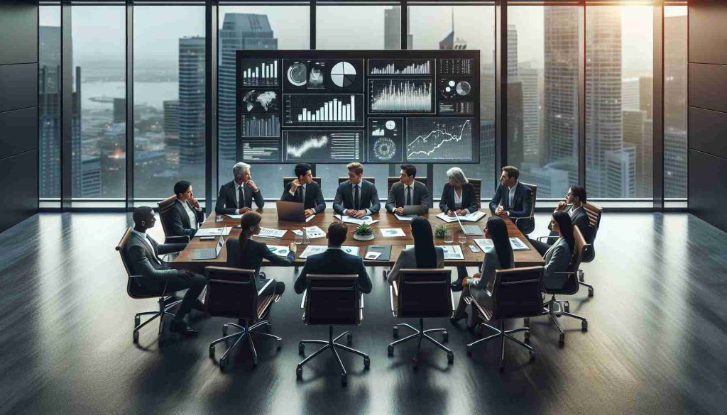 A high definition, realistic image depicting a group of diverse people engrossed in a meeting. They are discussing potential investment opportunities, surrounded by documents, laptops and a large screen showing crisp, detailed charts and graphs. They're sat around a well-lit boardroom table made of a polished dark-wood. A tall glass window allows the cityscape with skyscrapers to be seen in the background, illustrating the high stakes of their discussions.