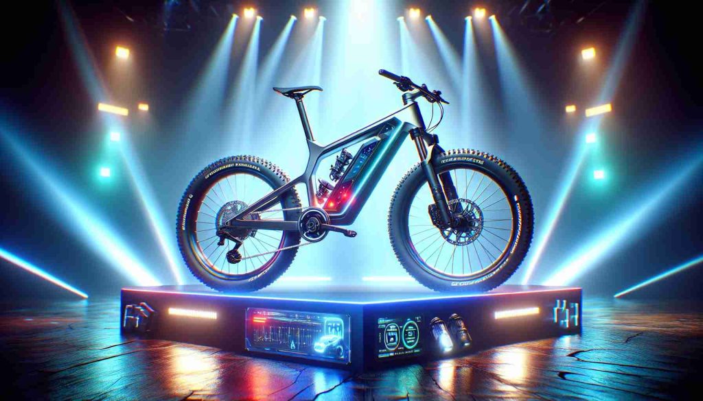 A realistic high-definition image of a concept adventure bicycle named 'The Joyride Xplorer 3.0'. This bike should demonstrate futuristic design elements and supreme functionality that signals a revolutionary step in cycling. It should feature rugged tires for off-road cycling, a comfortable, ergonomic seating style and design, advanced gear systems, and a frame made for optimal strength and durability. Please include accessories like a compact backup battery pack, a digital console for navigation and tracking, and efficient LED headlights and taillights. The image should capture the moment of its grand reveal, surrounded by vibrant lights and an atmosphere of exhilarating anticipation as if it's a significant launch event.