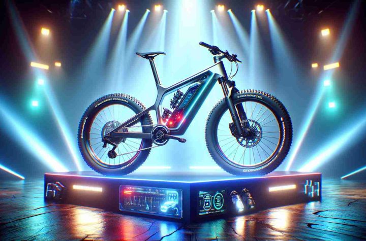 A realistic high-definition image of a concept adventure bicycle named 'The Joyride Xplorer 3.0'. This bike should demonstrate futuristic design elements and supreme functionality that signals a revolutionary step in cycling. It should feature rugged tires for off-road cycling, a comfortable, ergonomic seating style and design, advanced gear systems, and a frame made for optimal strength and durability. Please include accessories like a compact backup battery pack, a digital console for navigation and tracking, and efficient LED headlights and taillights. The image should capture the moment of its grand reveal, surrounded by vibrant lights and an atmosphere of exhilarating anticipation as if it's a significant launch event.