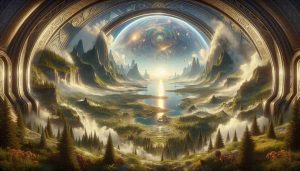 A high-definition, realistic depiction of a new and unexplored fantasy world, mirroring the excitement and adventure found in popular fantasy role-playing games. This world includes majestic mountains, expansive forests, mysterious caves, and exotic creatures. The setting radiates the feel of discovery and conquest, which is a typical sentiment among gamers and fantasy lovers. Visualize curious adventurers gearing up for their journey, standing at the edge of this uncharted landscape, filled with anticipation. However, this world is completely original and unrelated to any existing game or franchise.